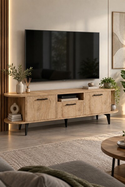SuloraHome Bej Renkli Suntalam TV Sehpası 160 cm 3 Kapaklı ve Raflı