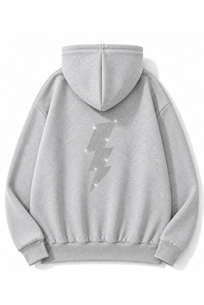 MOONBULL Unisex Şimşek Taş Sırt Baskılı Kanguru Cepli Kapüşonlu Oversize Sweatshirt