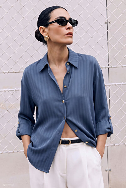 Sateen Striped Sleeve Fold Detail Shirt - Indigo