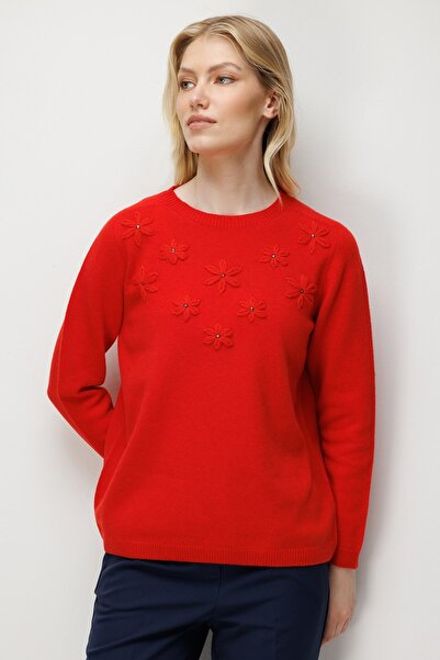 Desen Triko Women's Crew Neck Floral Wool Sweater Coral