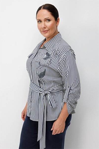 Ekol Women's Belted Patterned Shirt Navy Blue