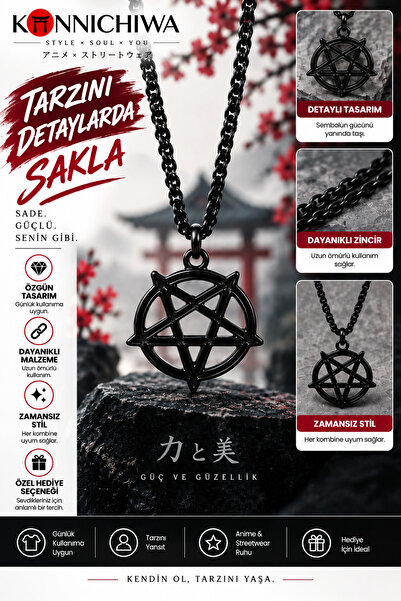 FG KONNİCHİWA Siyah Ters Pentagram Figürlü Kolye – Gotik Sembol Tasarımlı Zin...