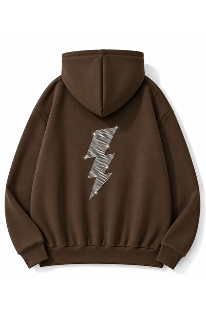 MOONBULL Unisex Şimşek Taş Sırt Baskılı Kanguru Cepli Kapüşonlu Oversize Sweatshirt