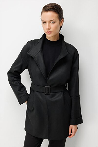 Ekol Women's Belted Double Sleeve Coat Black
