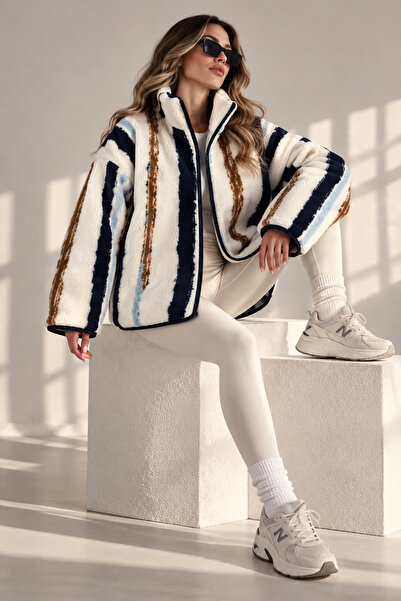 FioriModa Striped Zippered Plush Fleece Jacket