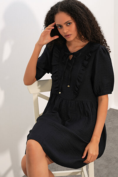 Modamorfo Women's Tie Collar Short Sleeve Gathered Dress 2600 - Black