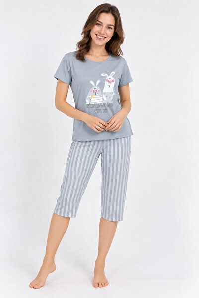 BOYRAZ Pijama Dama Tricou și Pantaloni 3/4, Masca de Dormit, gri