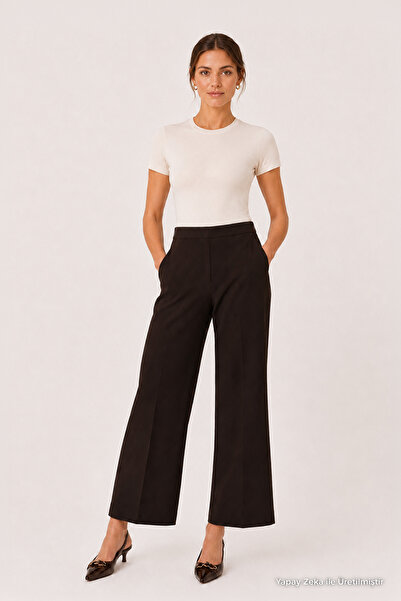 Zühre Wide Leg Fabric Brown Trousers with Bell Bottoms and Rubber Detail P-0102