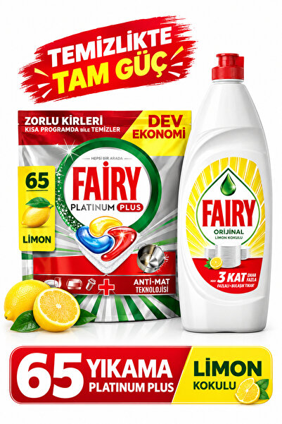 Finish Fairy Platinum Plus 65 Yıkama Limon + Fairy Bulaşık Deterjanı 650 ml Avantajlı Set