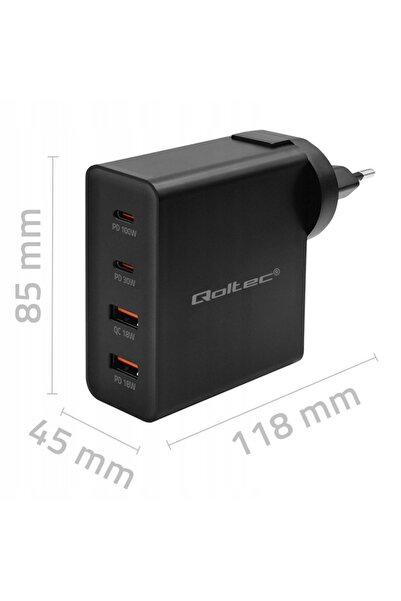 Qoltec Încărcător rapid GaN POWER PRO 2xUSB-C 2xUSB Puternic 130W 5-20V 1.5-5...