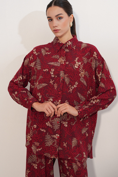 Modamorfo Women's Patterned Oversize Shirt and Trousers Two-Piece Set 30098 -...
