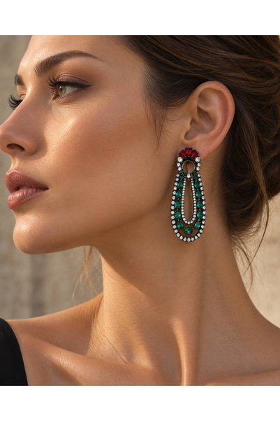 MD Moda Accessories Zümrüt Yeşili ve Kırmızı Taşlı Sallantılı Gösterişli Abiy...