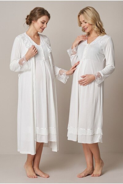 Pelin Women's Ecru Lace Long Sleeve Maternity Nightgown Set with Nursing Deta...
