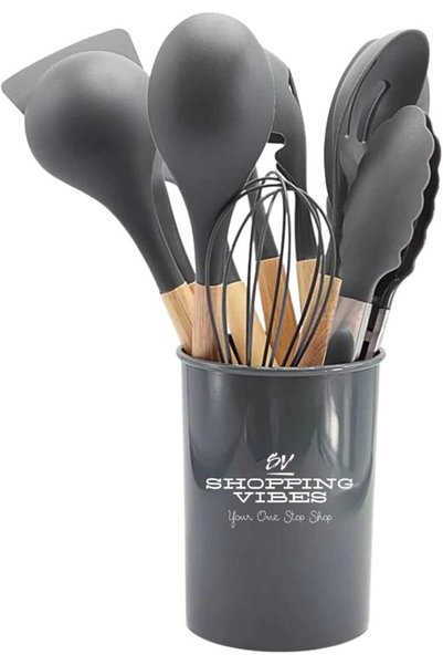 Generic Non-Stick Silicone Kitchen Cooking Utensils Set with Wooden Handles &...