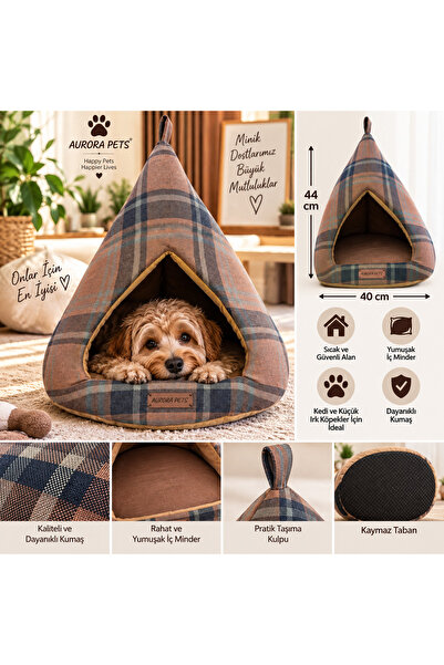 Aurora Pets Kedi ve Küçük Irk Köpek Evi 40x44 cm – Minderli, Kaymaz Tabanlı Taşınabilir Çadır Yatak