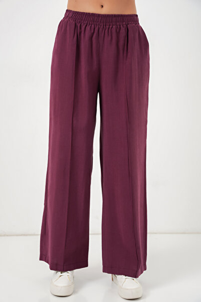 Modamorfo Women's Elastic Waist Wide-Leg Pants 30087 - Claret Red