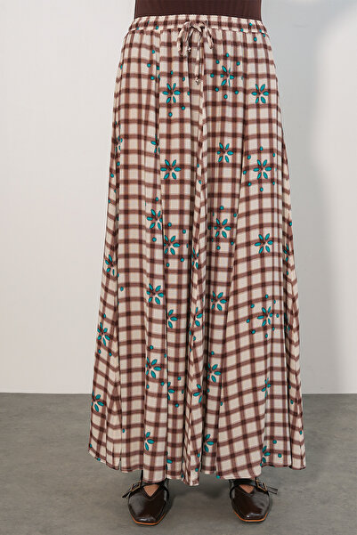 Modamorfo Women's Square Patterned Long Skirt 8065 - Tan