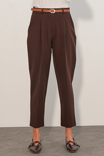 Modamorfo Women's Belted Fabric Trousers 30136 - Brown