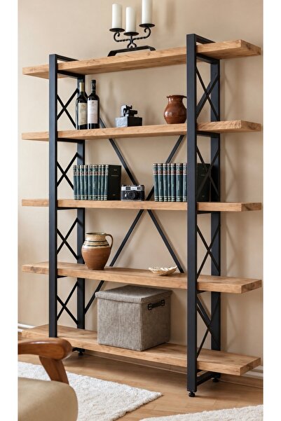 hiraca Loft Geniş Ferforje Kitaplık Raf 120x175x30 Suntalam Ahşap Kütüphane E...