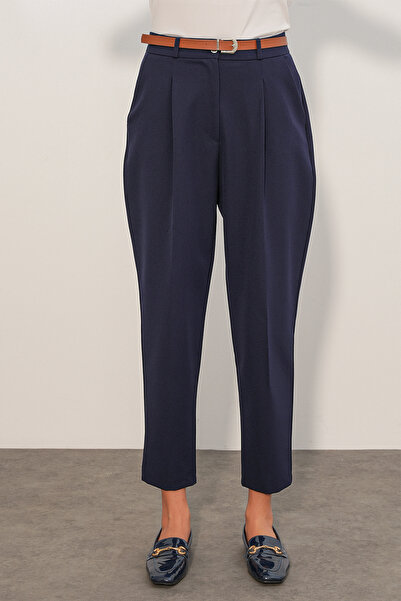 Modamorfo Women's Belted Fabric Trousers 30136 - Navy Blue