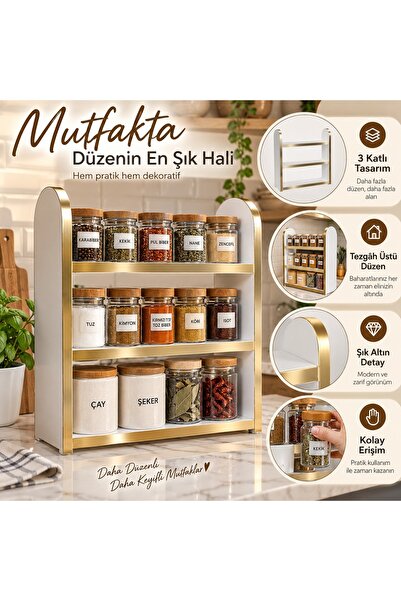 Emdief Home Mutfak Tezgah Üstü 3 Katlı Baharatlık Standı - MDF Gold Detaylı B...