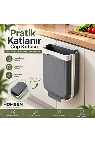 Homsen Katlanır Mutfak Çöp Kutusu Dolap Kapağına Asılabilir Pratik Tezgah Alt...
