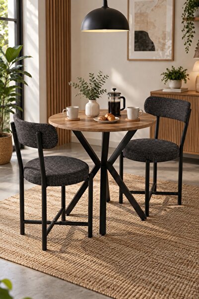 SuloraHome Teddy 70 cm Yuvarlak Masa ve 2 Adet Gri Sandalye Seti
