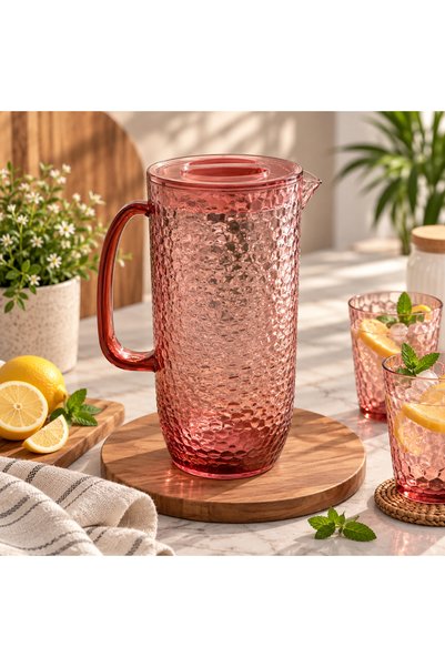 Premium Pink Beetle Pattern Cold Water Pitcher 1800ml | Textured Water Jug with Lid | Beverage Pitcher for Water, Juice, Iced Tea & Cold Drinks | Refrigerator Safe.