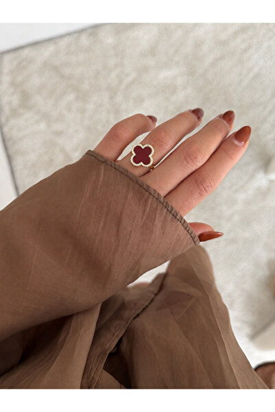 ANKA JEWELLRY Steel Women's Ring – Gold Burgundy Color Red Four Leaf Flower M...