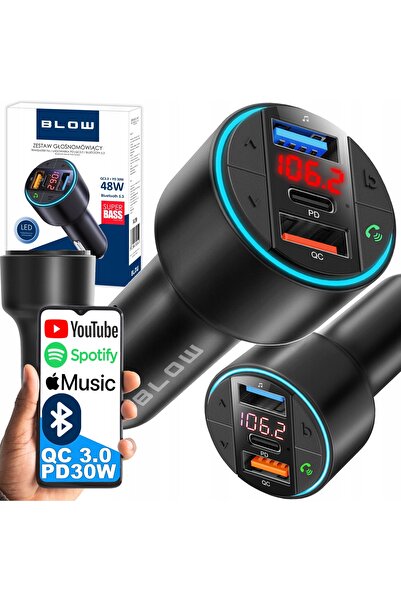 Blow Transmițător FM Încărcător Bluetooth BT USB Tip-C QC 3.0 + PD 30W Bas LE...