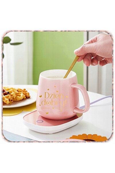 NO BRAND Set cadou: Cană cu încălzitor pentru cafea și ceai, RÓŻ