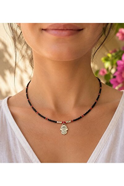 Parla Takı Studio Black and Red Evil Eye Necklace with Silver Fatma Ana Hand ...