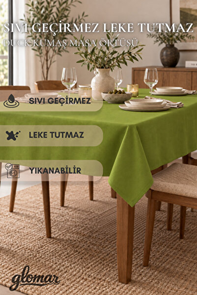 GLOMAR Yağ Yeşili Soft Duck Masa Örtüsü Su ve Leke İtici Modern Dekoratif Sof...