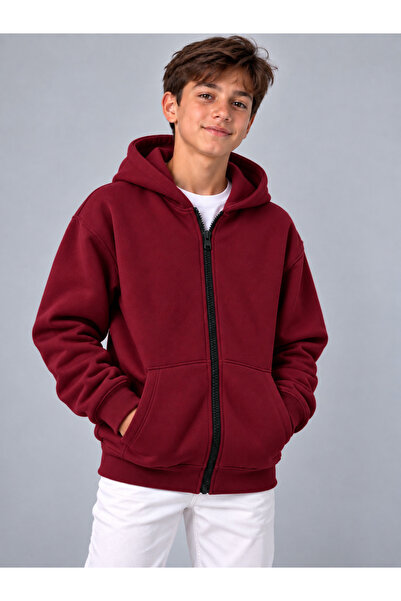 KİDSPİTİRCİK UNISEX ÇOCUK BORDO FERMUARLI HIRKA 3İPLİK ŞARDONLU KUMAŞ (KALIN-...