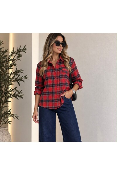 Cnswoman Taş Işıltılı Kırmızı Ekose Gömlek (S)