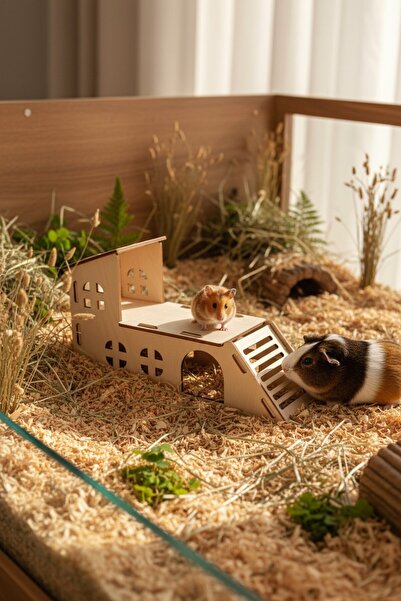 Alyones Hamster Ahşap Oyun Evi Teraslı Merdivenli Ağaç Kemirgen Oyun Kompleksi