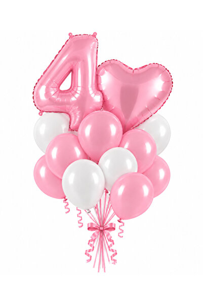 genaja Set Baloane Aniversare Roz Cifra 4, Inimă 40 cm + 10 Baloane Latex 26 ...