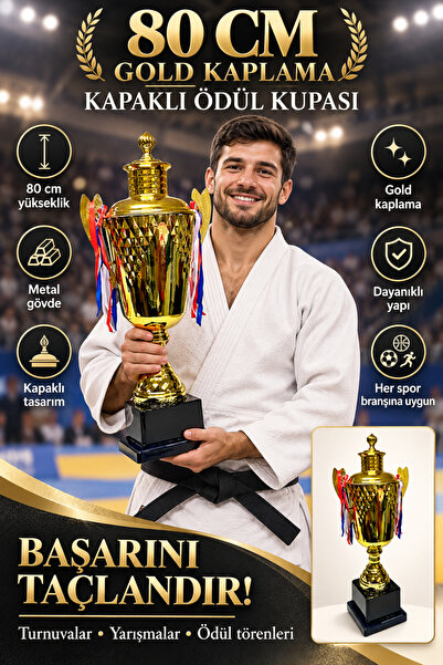 80 cm Gold Kaplama Kapaklı Metal Ödül Kupası - Her Spor Branşına Uygun - Sağlam Yapı