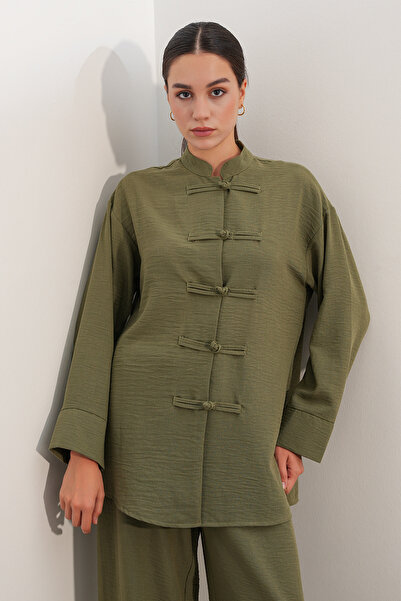 Modamorfo Women's Oversize Shirt Pants Linen Two-Piece Set 30126 - Khaki
