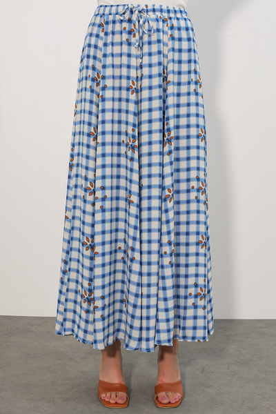 Modamorfo Women's Square Patterned Long Skirt 8065 - Blue