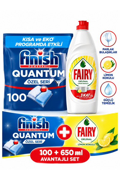 Finish Quantum Özel Seri 100 Tablet + Fairy Limon Kokulu 650 ml Avantajlı Bulaşık Seti
