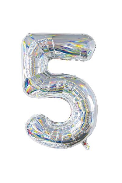 OEM Balon Petrecere din Folie Argintie Holografica Nr.5 - 81cm - Baloane Cifr...