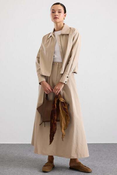 Olcay Zipper Closure Skirt Jacket Double Set Beige 9474-Tk