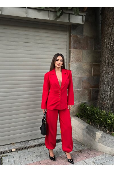 maf collection Women's Red V-Neck Buttoned Front Long Sleeve Two-Piece Suit w...