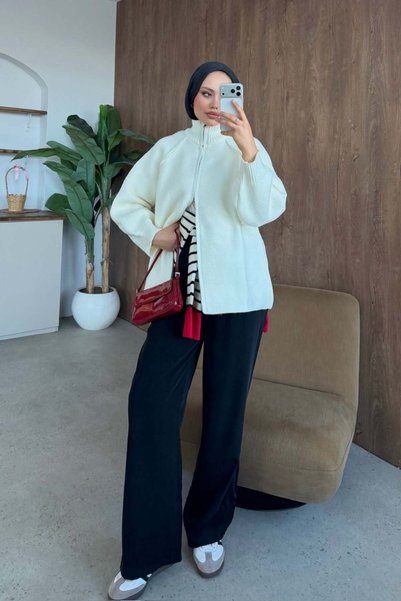 Şule Giyim Rosie Zippered Cardigan Cream