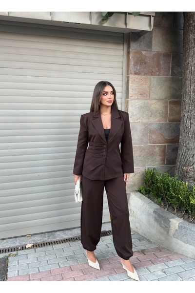 maf collection Costum din două piese pentru femei, maro, cu decolteu în V, cu...