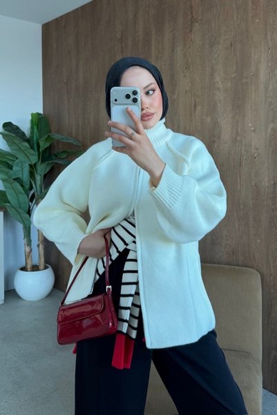 Şule Giyim Rosie Zippered Cardigan Cream