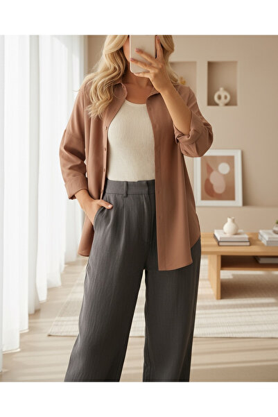 Modamorfo 3900 Oversize Long Basic Shirt - Camel