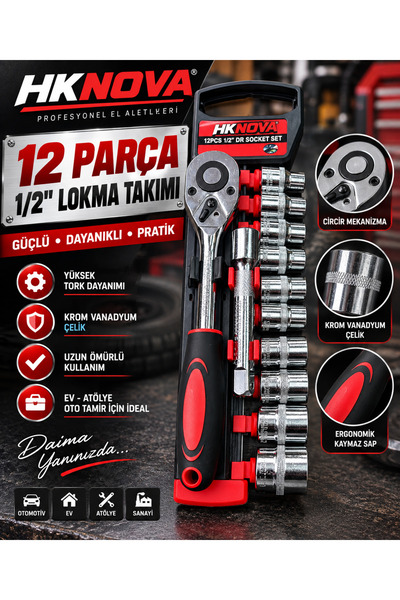 HKNOVA 12 Parça Cırcırlı Lokma Anahtar Takımı Tam Set Profesyonel Set