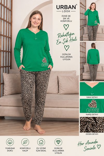 Urban Look Women's Plus Size Pajama Set – Long Sleeve V-Neck Printed Comforta...